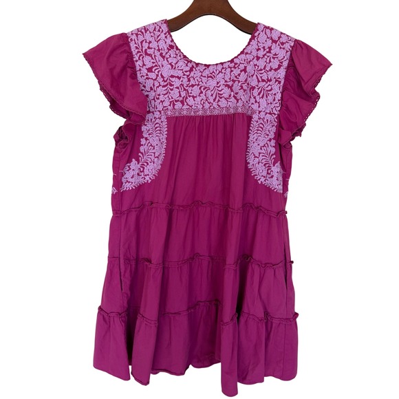 J. Marie Cotton Embroidered Ruffle Sleeve Popover Dress L Magenta/Berry - Picture 4 of 6